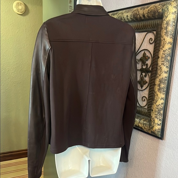 EUC Michael Stars Leather & Knit mix material brown open Jacket w/ stretch Sz L - Picture 2 of 9